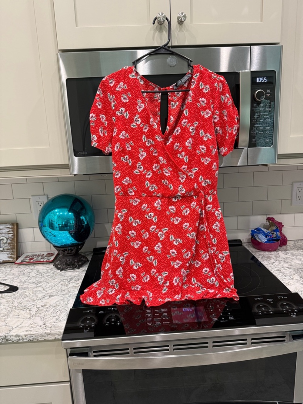 Red Floral Short-Sleeve Wrap Romper